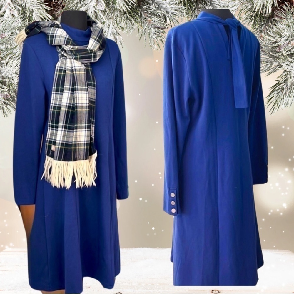 Ann Taylor, Cobalt Blue Knit Swing Dress Mock Neck Back Bow Long Sleeve Size L - Picture 3 of 11